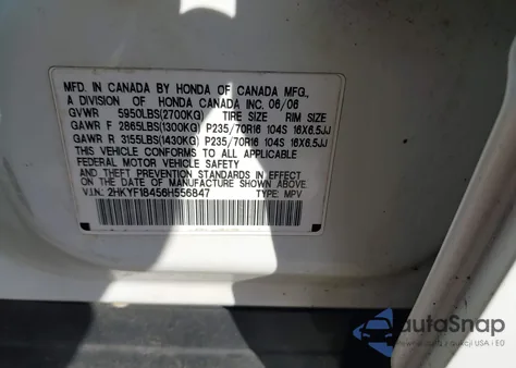2006 Honda Pilot Ex from USA, damaged, VIN 2HKYF18456H556847